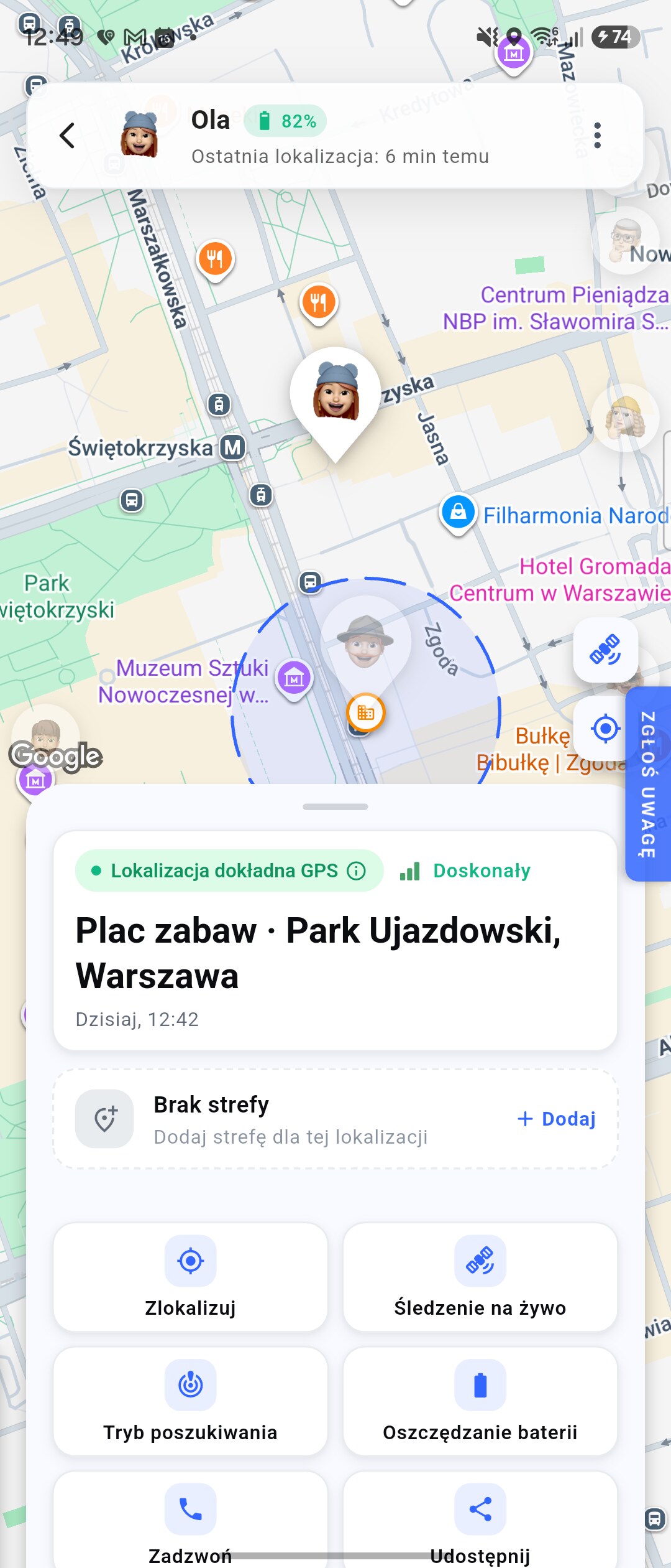 Ekran szczegółów bliskiej osoby: ostatnia lokalizacja, bateria i szybkie akcje