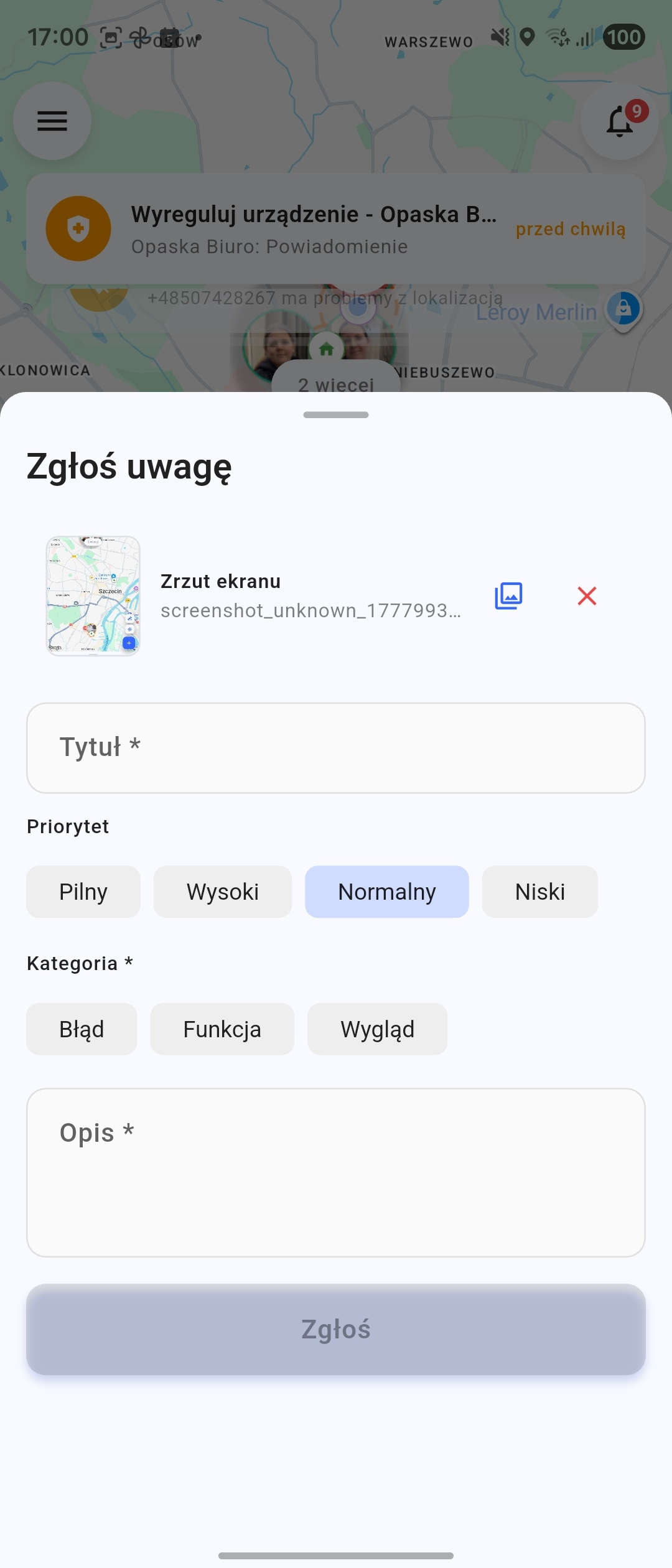 Ekran zgłoszenia uwagi w aplikacji Bezpieczna Rodzina AI