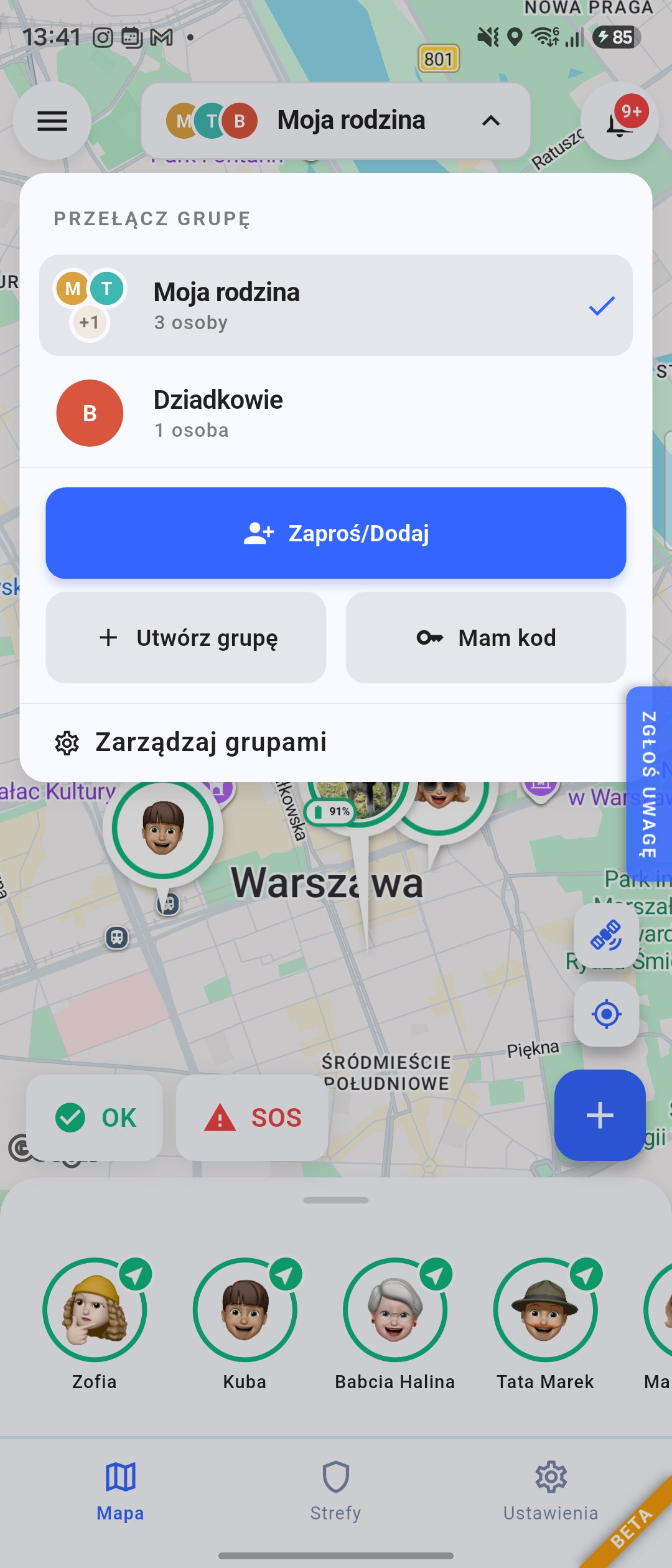 Ekran przełączania grup rodzinnych w aplikacji